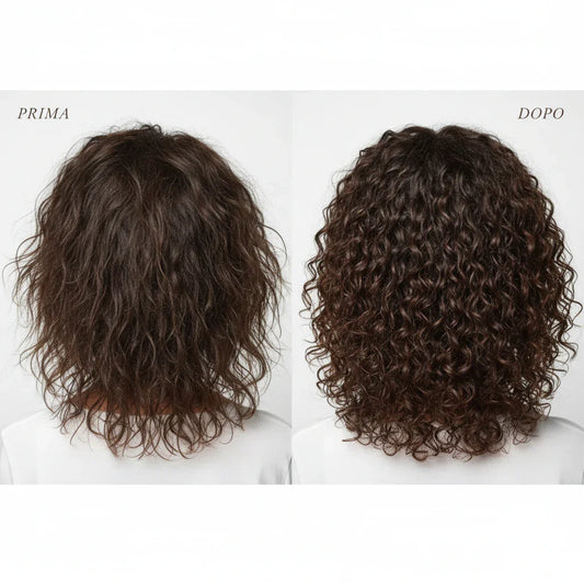 Trasformazione capelli ricci prima e dopo con Super Curl Kit - da ricci crespi a ricci definiti