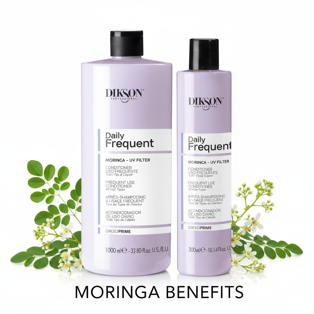 Display collezione balsamo daily con benefici UV e moringa - fotografia professionale