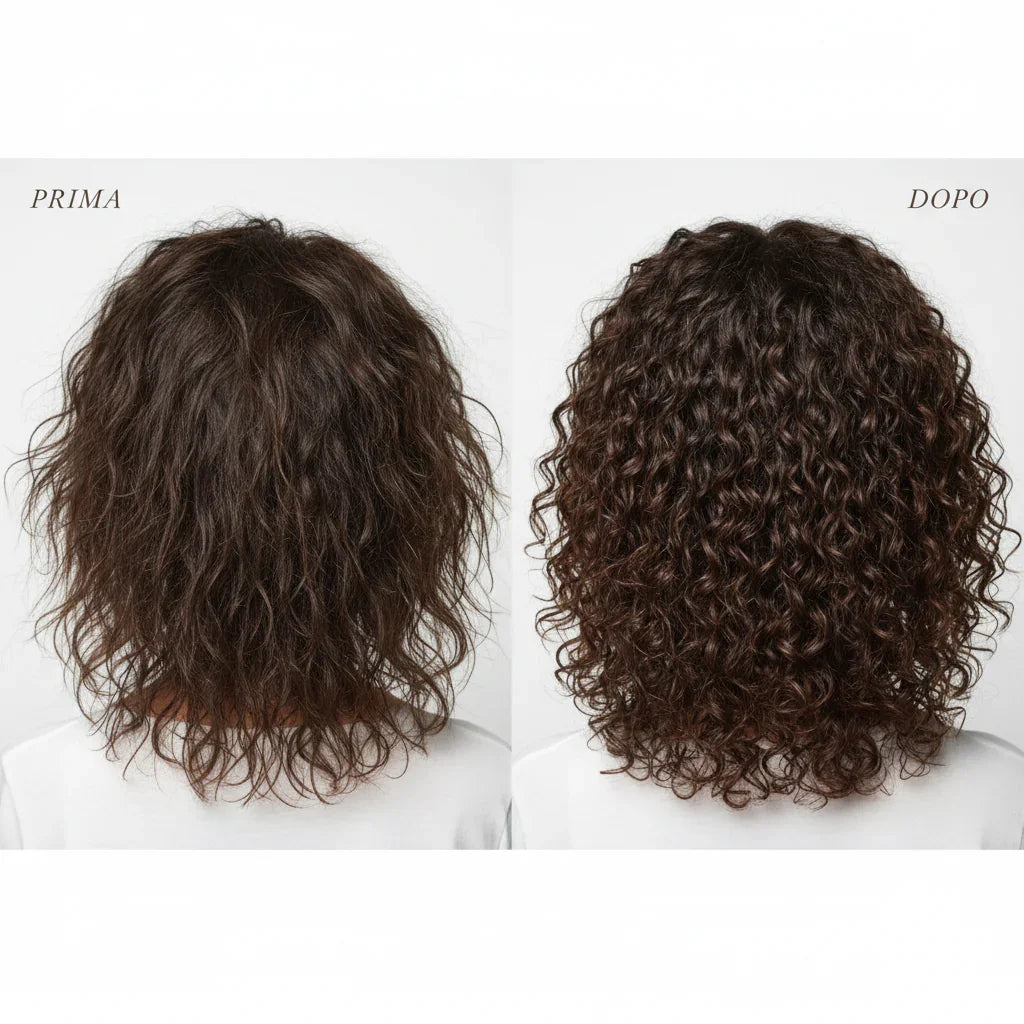 Trasformazione capelli ricci prima e dopo con Super Curl Kit - da ricci crespi a ricci definiti