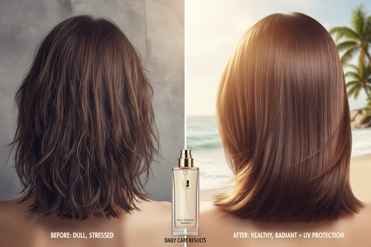 Prima e dopo shampoo daily uso frequente - capelli stressati vs sani con protezione UV