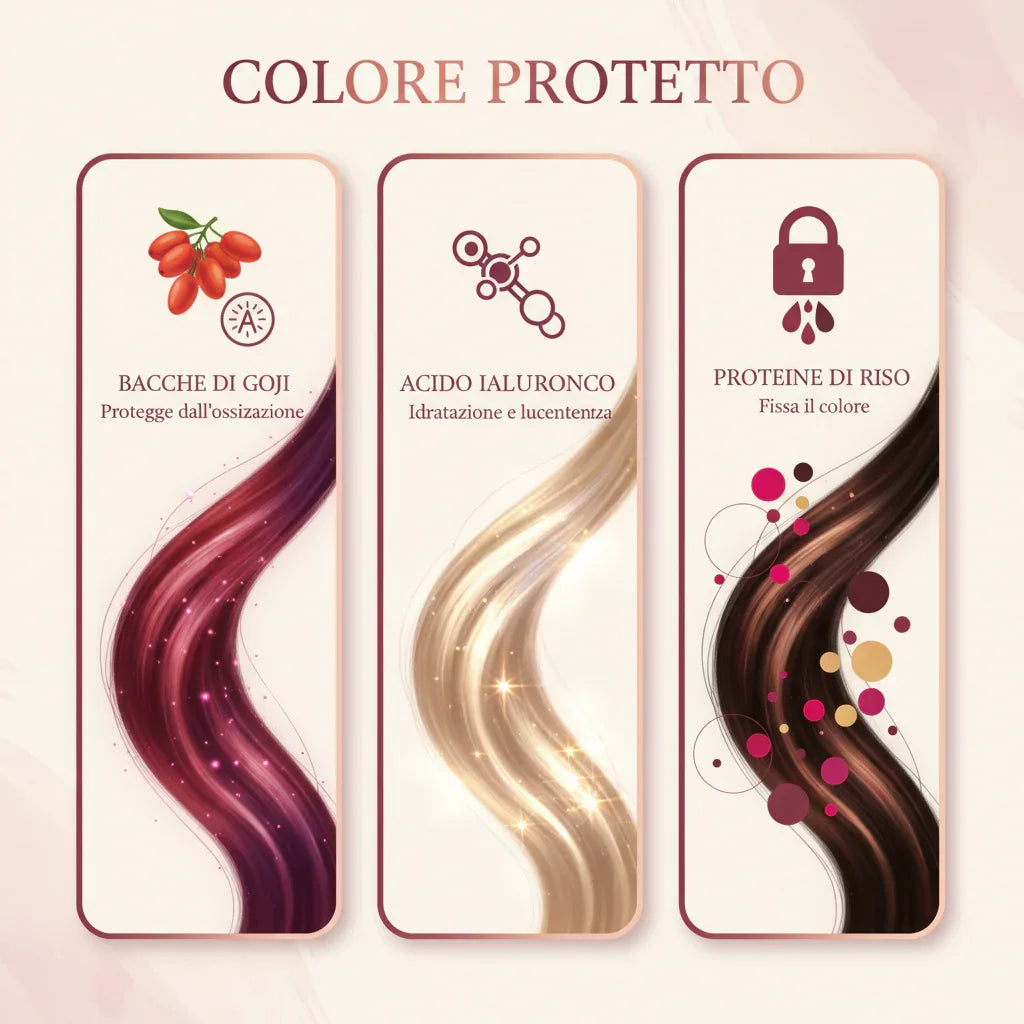 Infografica benefici Kit Protezione Colore - Bacche di Goji Acido Ialuronico Proteine di Riso