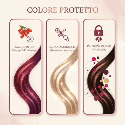 Infografica benefici Kit Protezione Colore - Bacche di Goji Acido Ialuronico Proteine di Riso